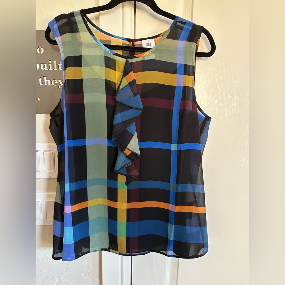 CAbi Women's Colorful Plaid Ruffle Going Out Blouse